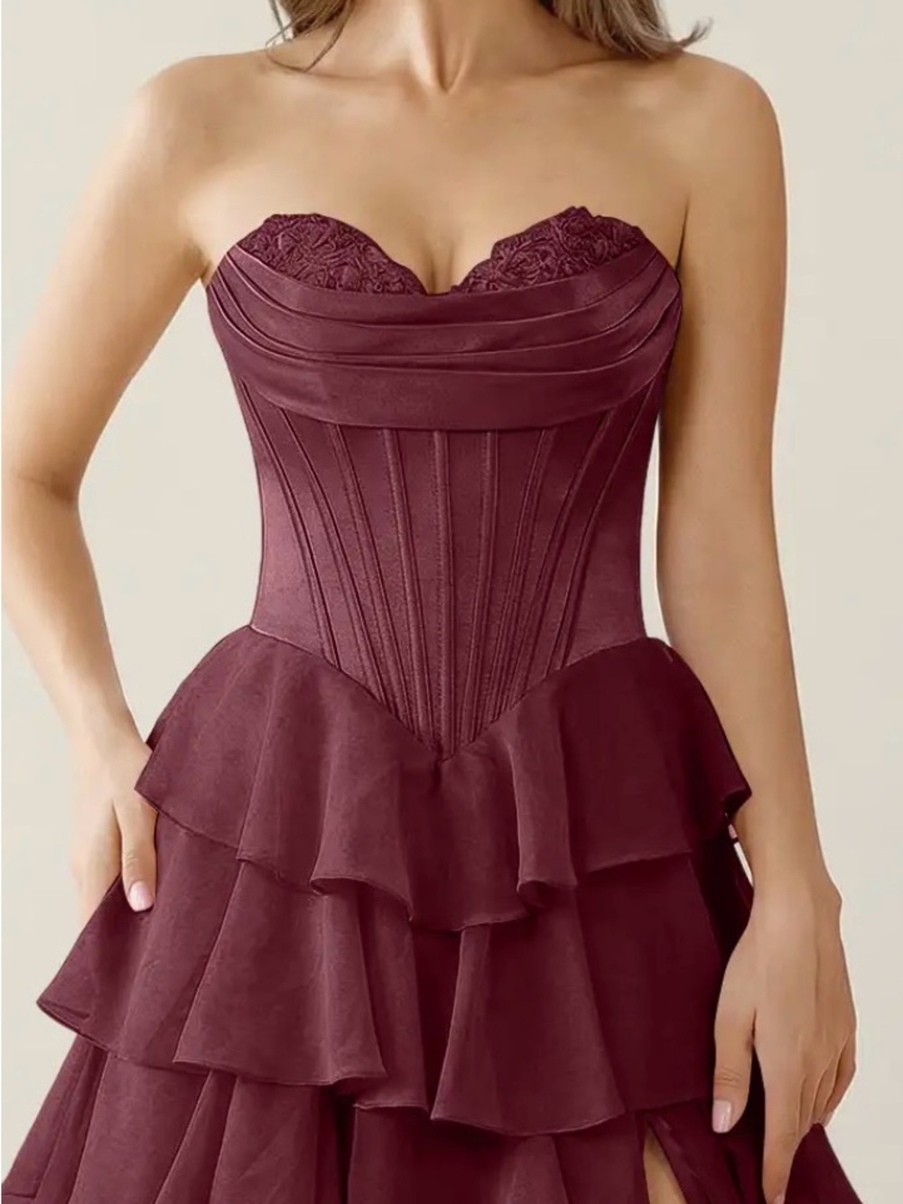 Strapless Burgundy Ruffled Corset Evening Dress